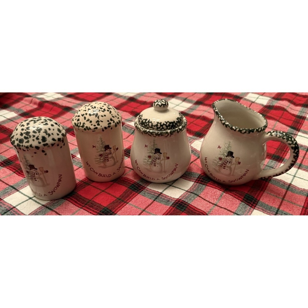 We Can Build a Snowman 4 Piece Stoneware Creamer Sugar Bowl Salt Pepper Shakers